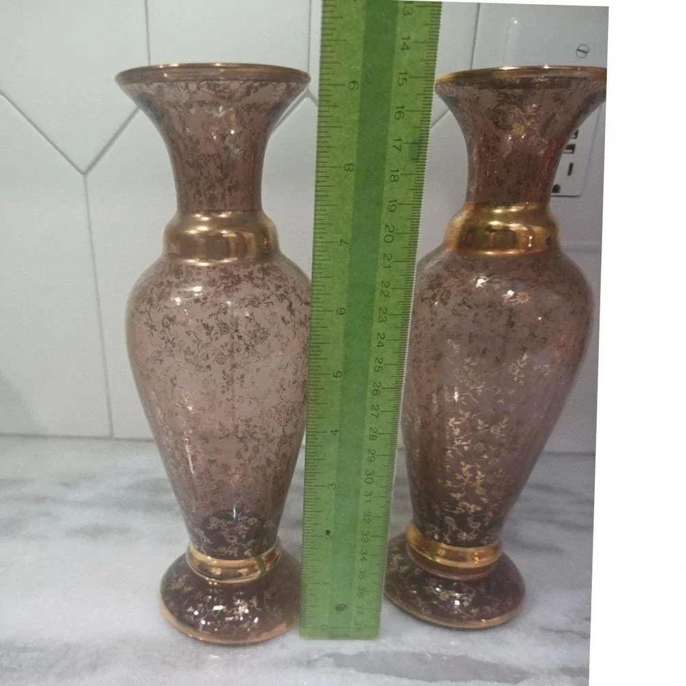 Vecchia Murano Cranberry Gold Vases, Set of 2, Vintage Signed Italian Art Glass‎